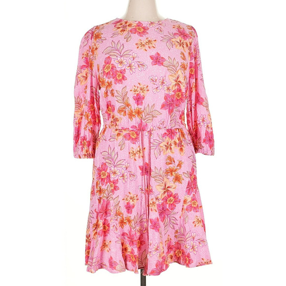 Loft XL Cocktail Dress Cutout Floral 3/4 Sleeve Midi Pink Elastic Waist NWT - Picture 1 of 8